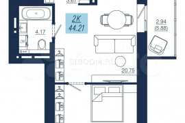 2-к. квартира, 44,2 м², 6/19 эт.