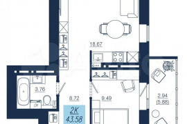 2-к. квартира, 43,5 м², 13/19 эт.